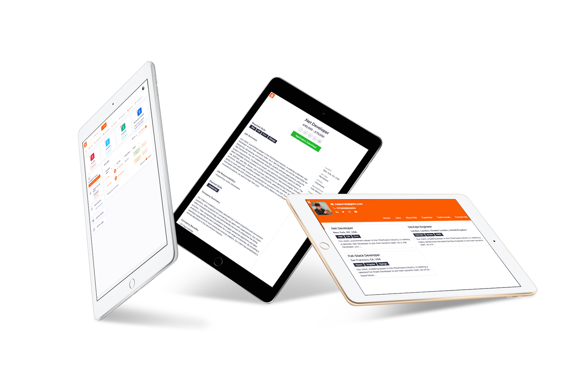 Image of all the Job Board features that are available in the Giig Hire Free Job Board. Displayed on 3 different iPads