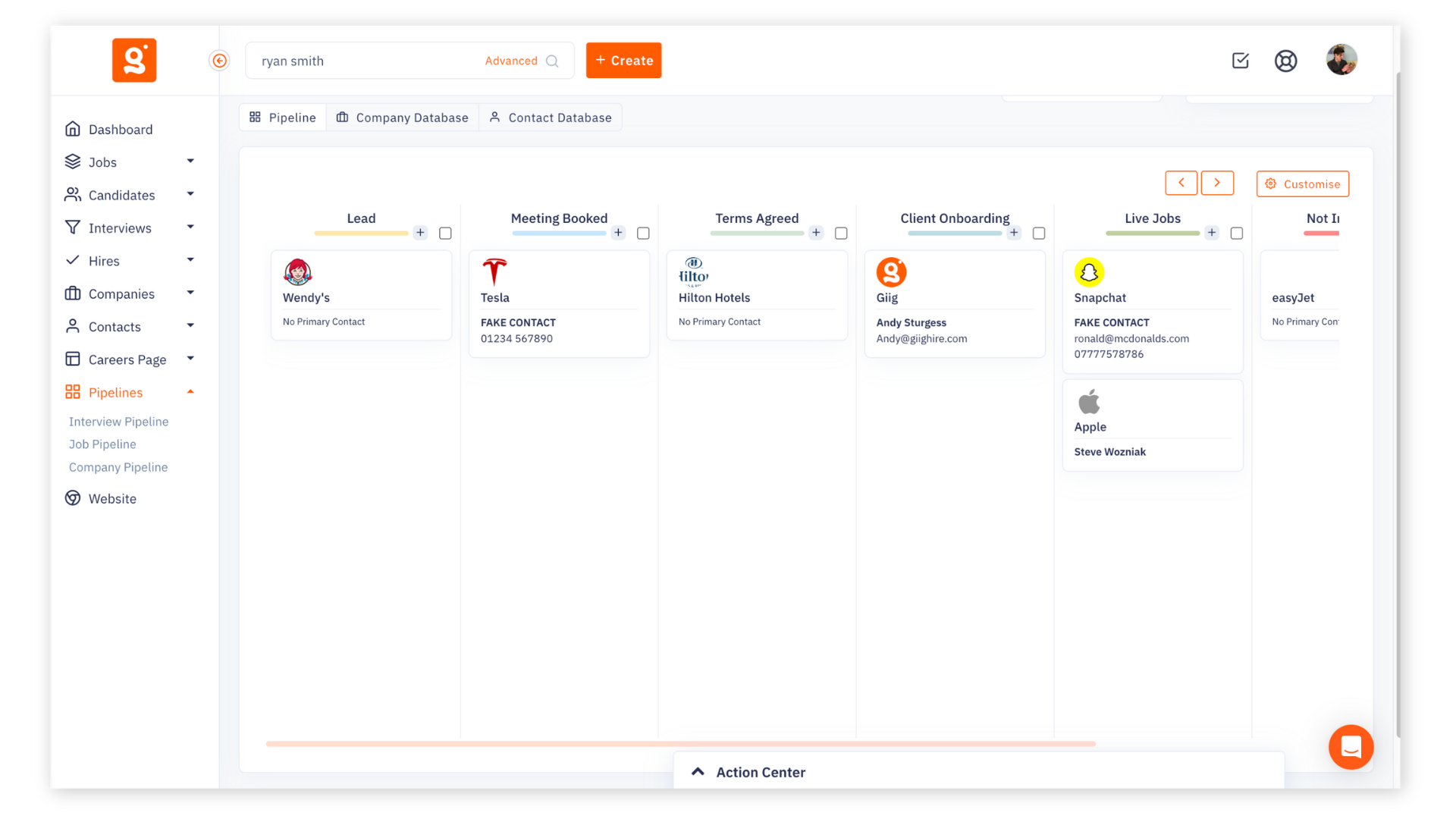 Image showing the dashboard for the Giig Hire Free Recruitment CRM