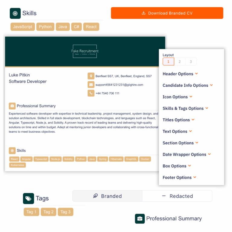 User interface of automated CV formatting software showing branded resume layout options and formatting tools