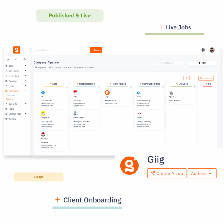 Business development pipeline in recruitment CRM showing client outreach and deal stages