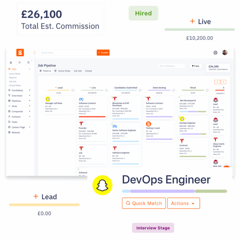 Job tracking pipeline view displaying open roles and hiring stages in CRM dashboard
