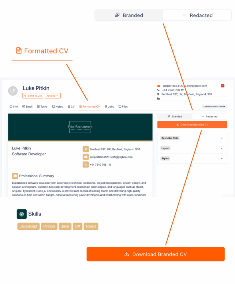 Screenshot of professional CV formatting tool showing recruiter options for branding, layout, and export