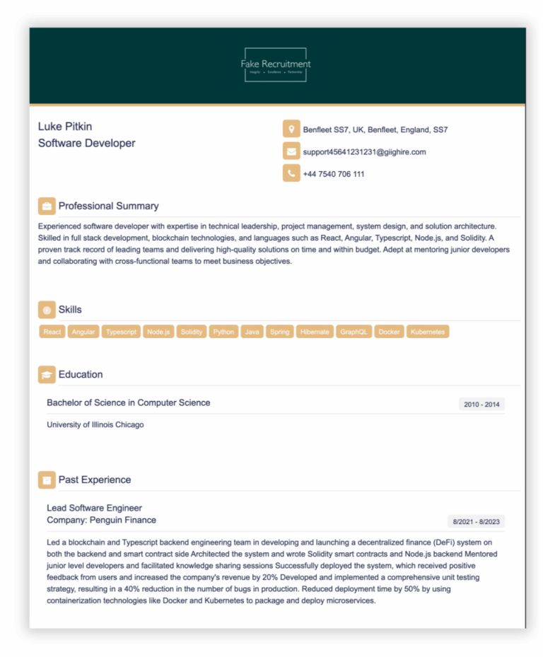 Example of a professionally branded CV generated using the recruitment CV formatting tool