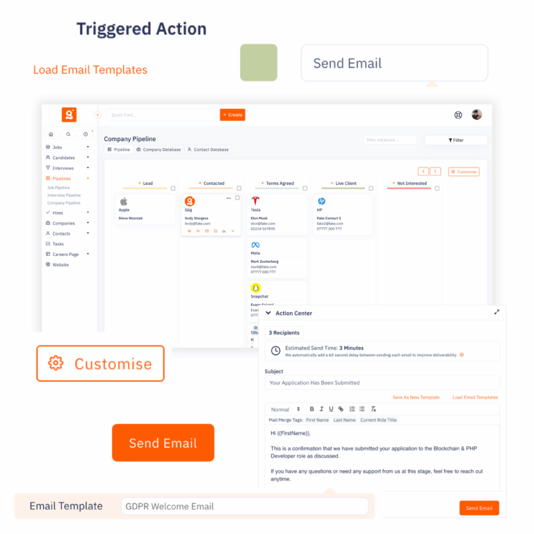 Screenshot showing triggered action setup for automated emails in a recruitment pipeline using Giig ATS/CRM