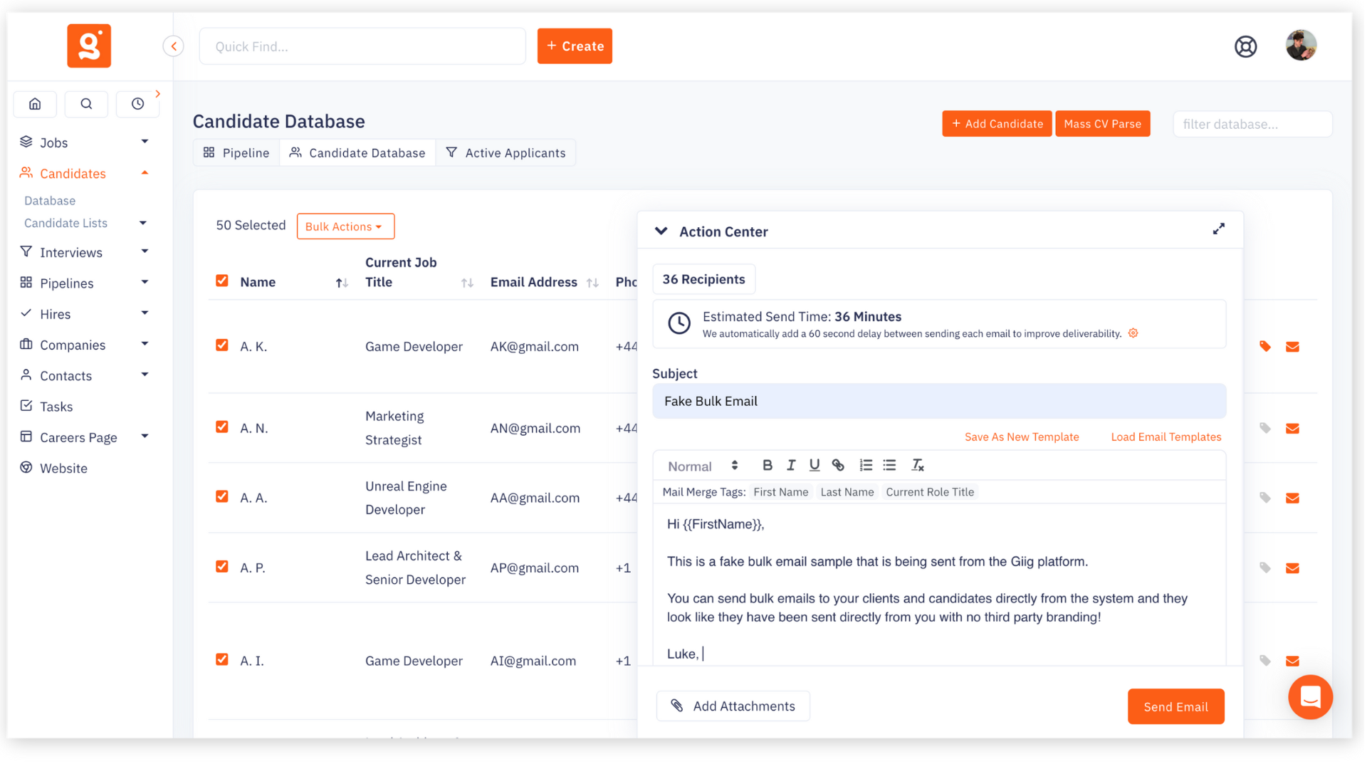 Screenshot of Giighire's bulk email tool interface, showing how recruitment agencies can send personalised emails to candidates and clients.