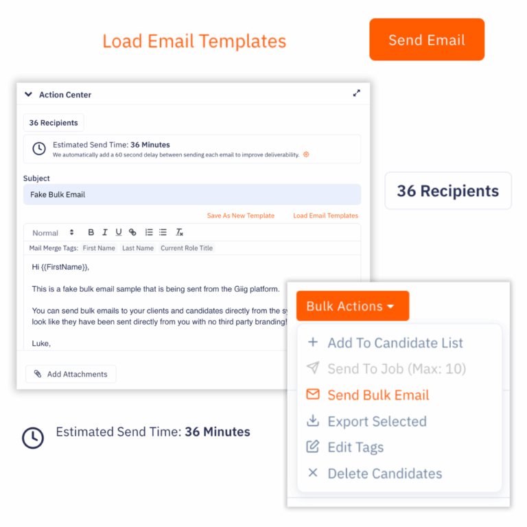 Screenshot of Giighire’s bulk email tool highlighting time-saving features like templates, mail merge, and one-click sending for recruiters.