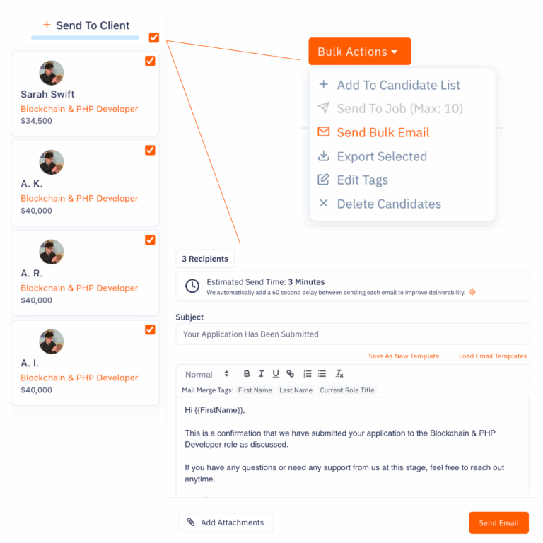 Example of a personalised candidate outreach email created with Giighire’s bulk email tool, showing mail merge fields and recruiter branding