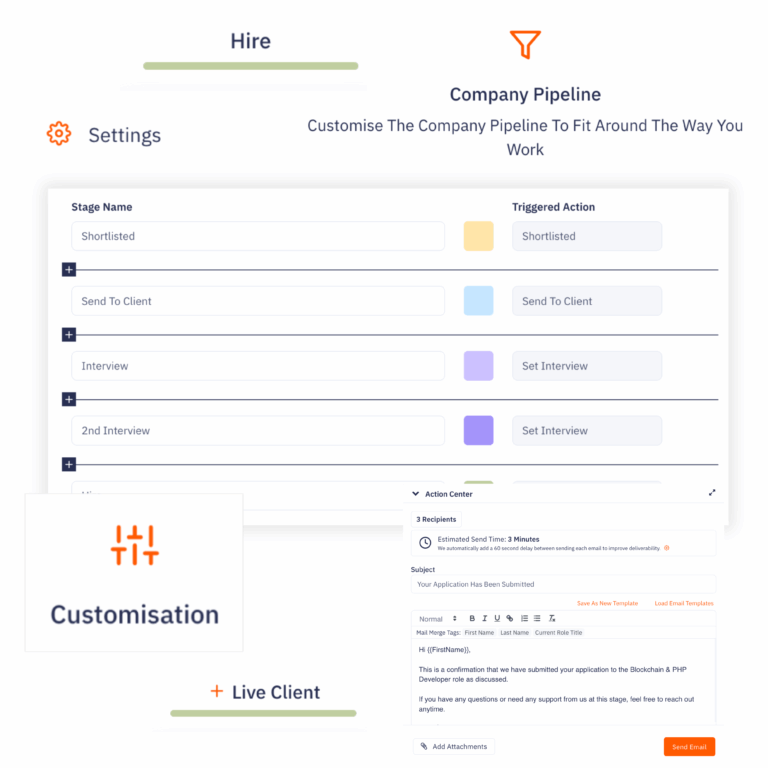 Step-by-step visual showing how to set up and customise recruitment pipelines in the Giig platform