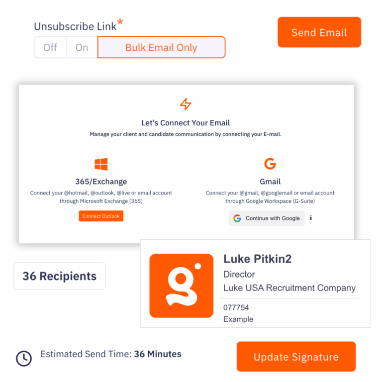 Step-by-step view of setting up the bulk email tool on the Giighire platform, including contact selection and message creation for recruiters.