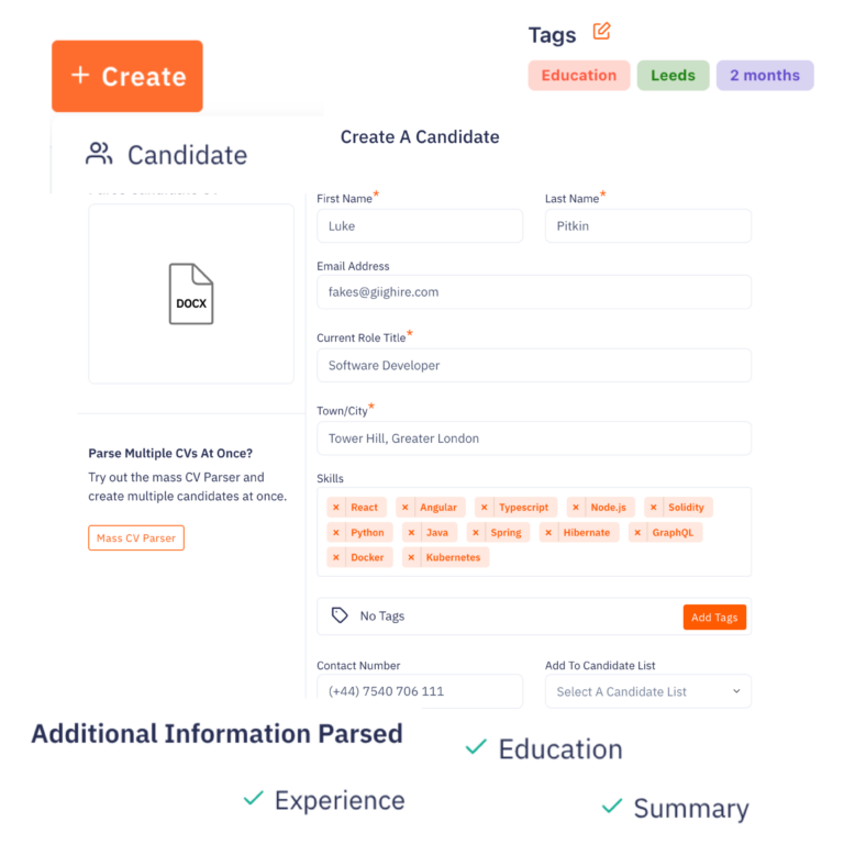 A demonstration of Giig Hire correctly mapping complex work history dates and technical skills from a resume into the candidate profile.