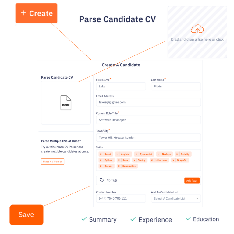 A step-by-step visual guide showing how to drag a resume file and instantly create a fully populated candidate profile in Giig Hire