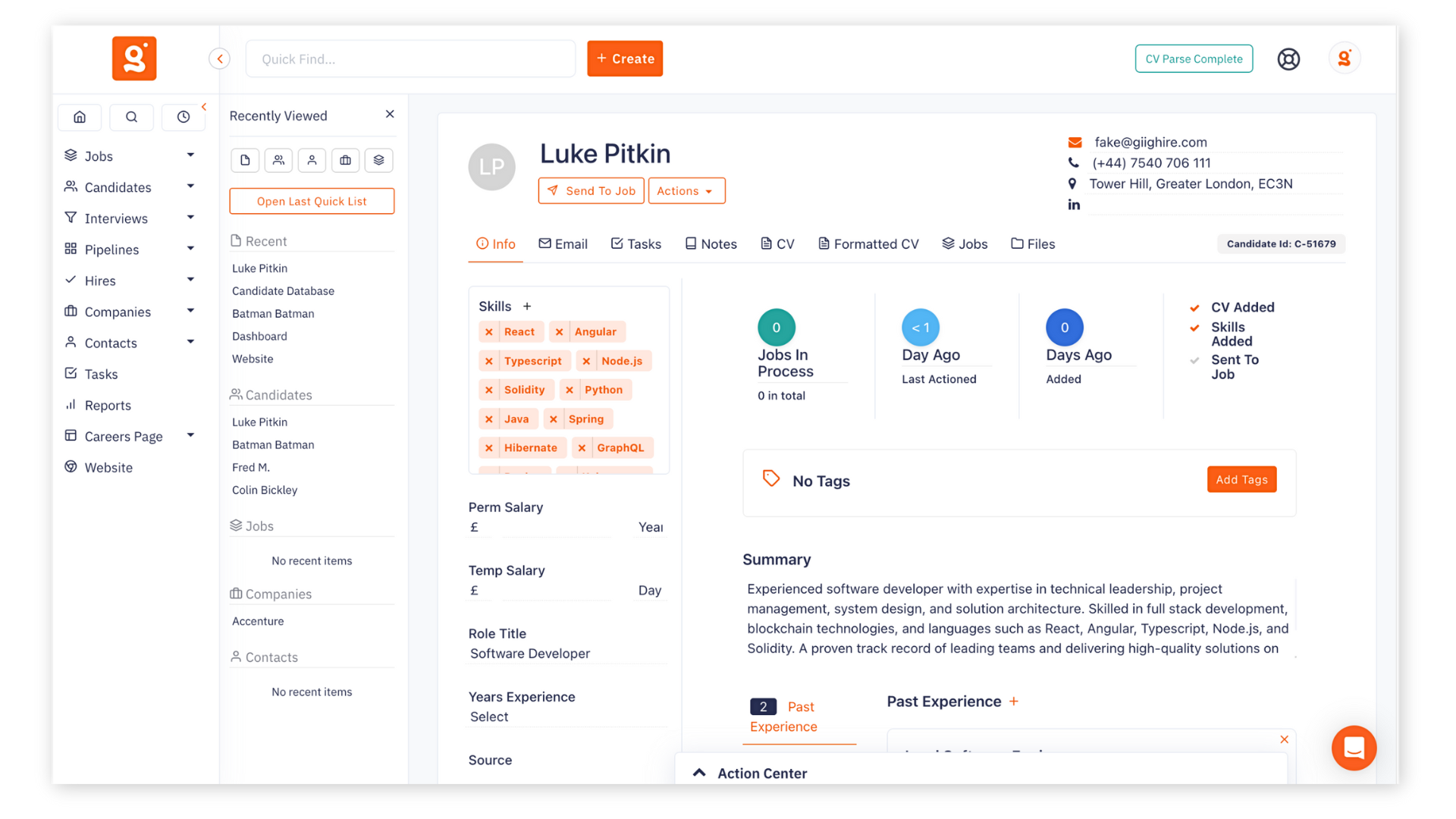 The GiigHire interface showing a PDF resume being automatically parsed into a structured candidate profile within the CRM.