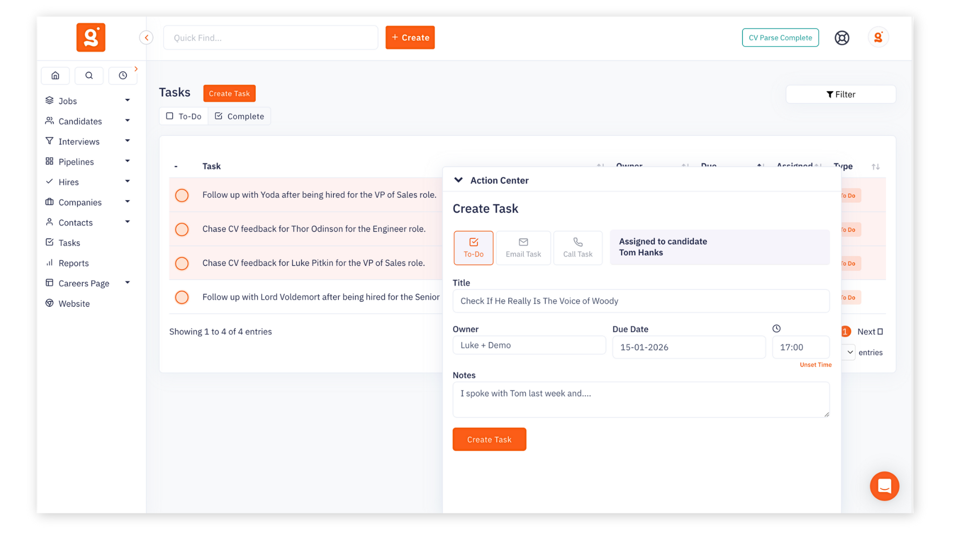 The GiigHire dashboard showing a daily recruitment to-do list with task reminders linked directly to specific candidate and client profiles.