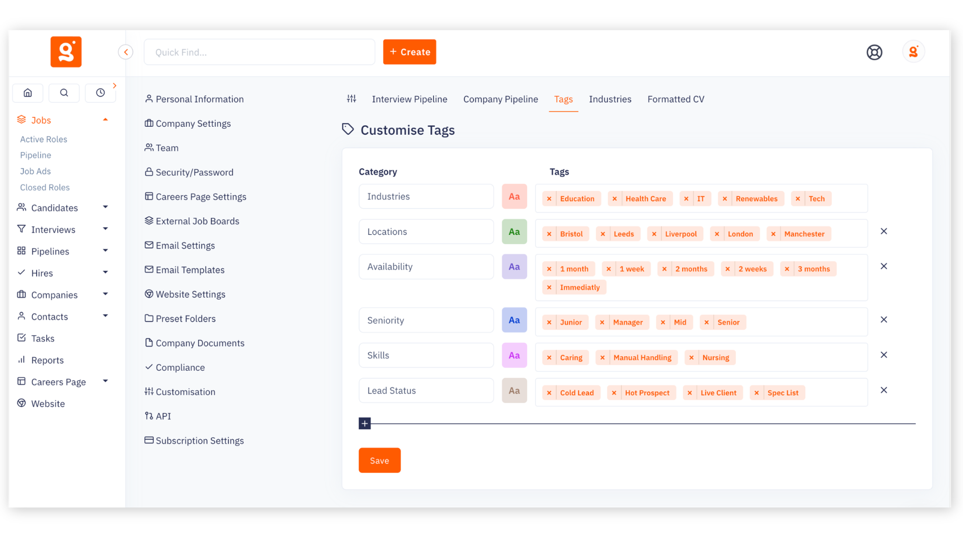 The Giig custom recruitment CRM tagging matrix, displaying how recruiters can easily categorise candidates, contacts, companies, and jobs to bypass data overload and pull up targeted shortlists in one click.