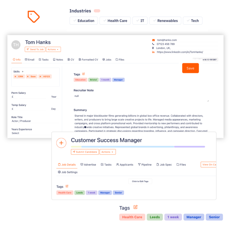 The Giig recruitment CRM dashboard showing how recruiters can easily apply custom tags across candidates, contacts, companies, and jobs to track their entire market.