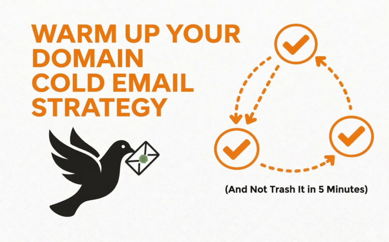 Graphic showing a cold email strategy to warm up a new recruitment domain, featuring a messenger bird and a 3-step verification loop to avoid trashing your inbox.