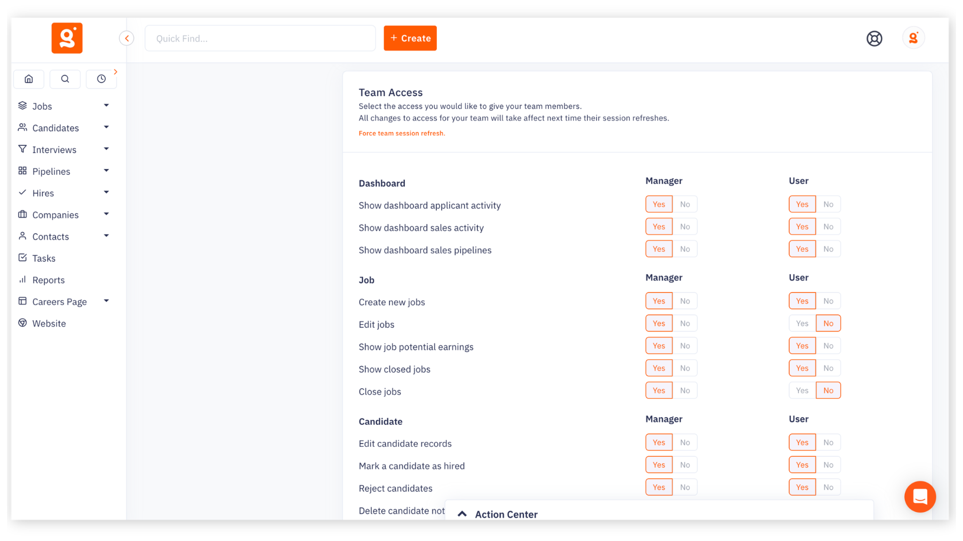 The Giig recruitment CRM team permissions dashboard, showing simple Yes and No toggles that allow managers to restrict standard users from deleting candidate records and notes to protect the agency database.