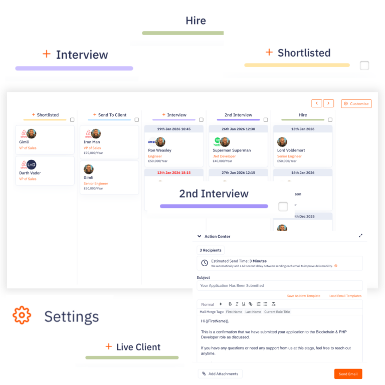 The Giig free applicant tracking system drag-and-drop pipeline, showing agency founders how to ditch chaotic Excel spreadsheets and get a complete visual snapshot of their candidate process.
