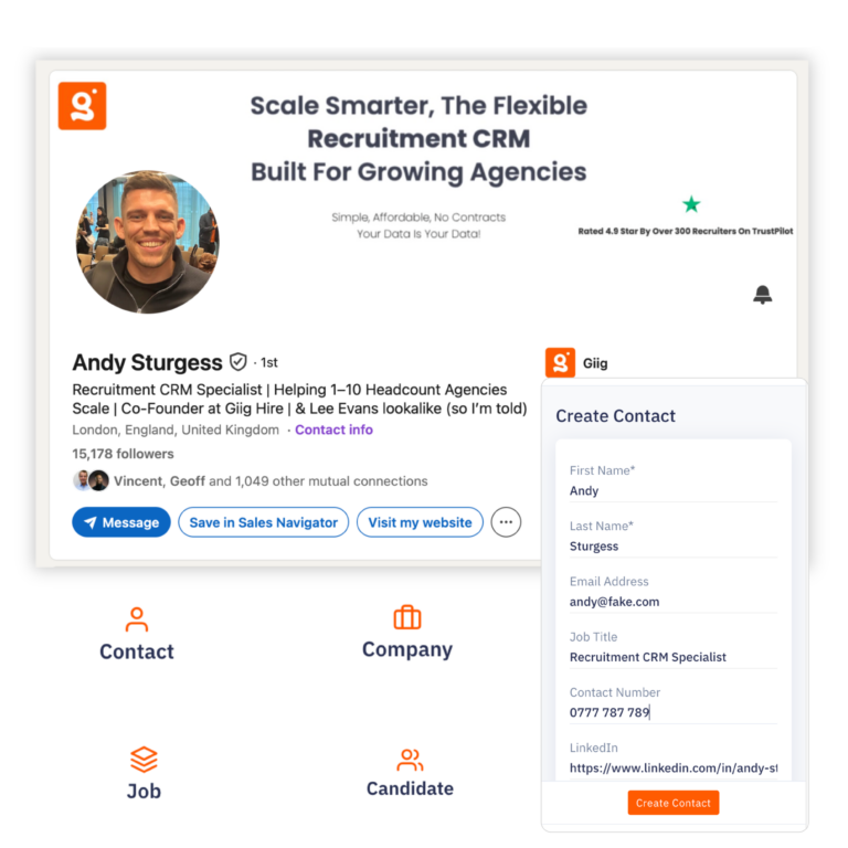 The Giig sourcing Chrome extension extracting candidate details from a company website, showing how recruiters can bypass manual data entry and build their CRM from anywhere on the web.