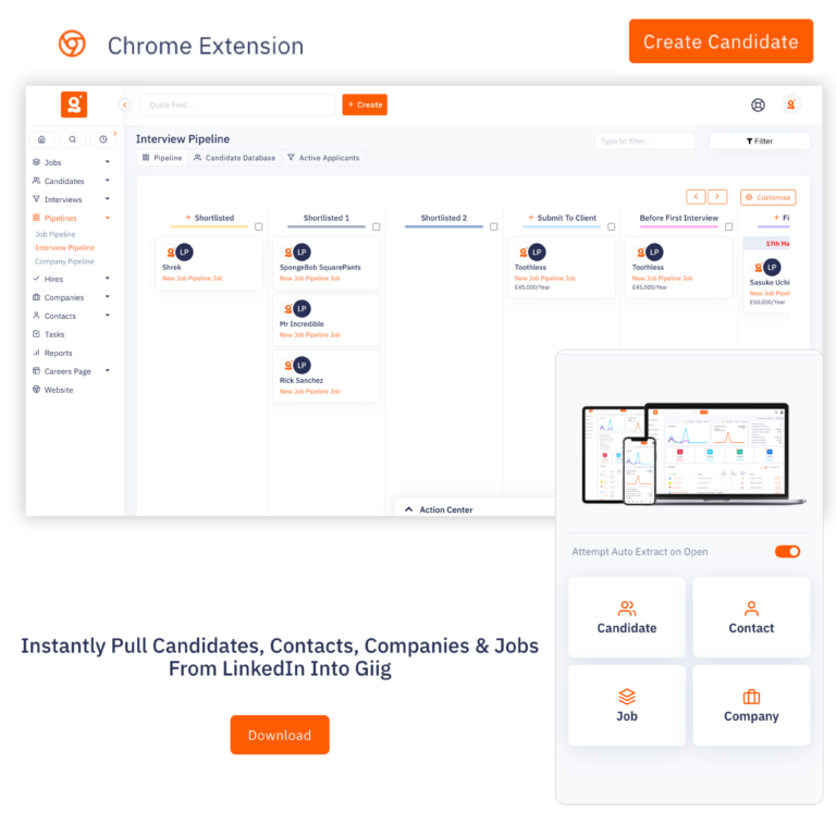 The Giig recruitment Chrome extension seamlessly adding candidate profiles into the CRM, highlighting the ability for agency owners to scale their database with zero usage limits or corporate paywalls.