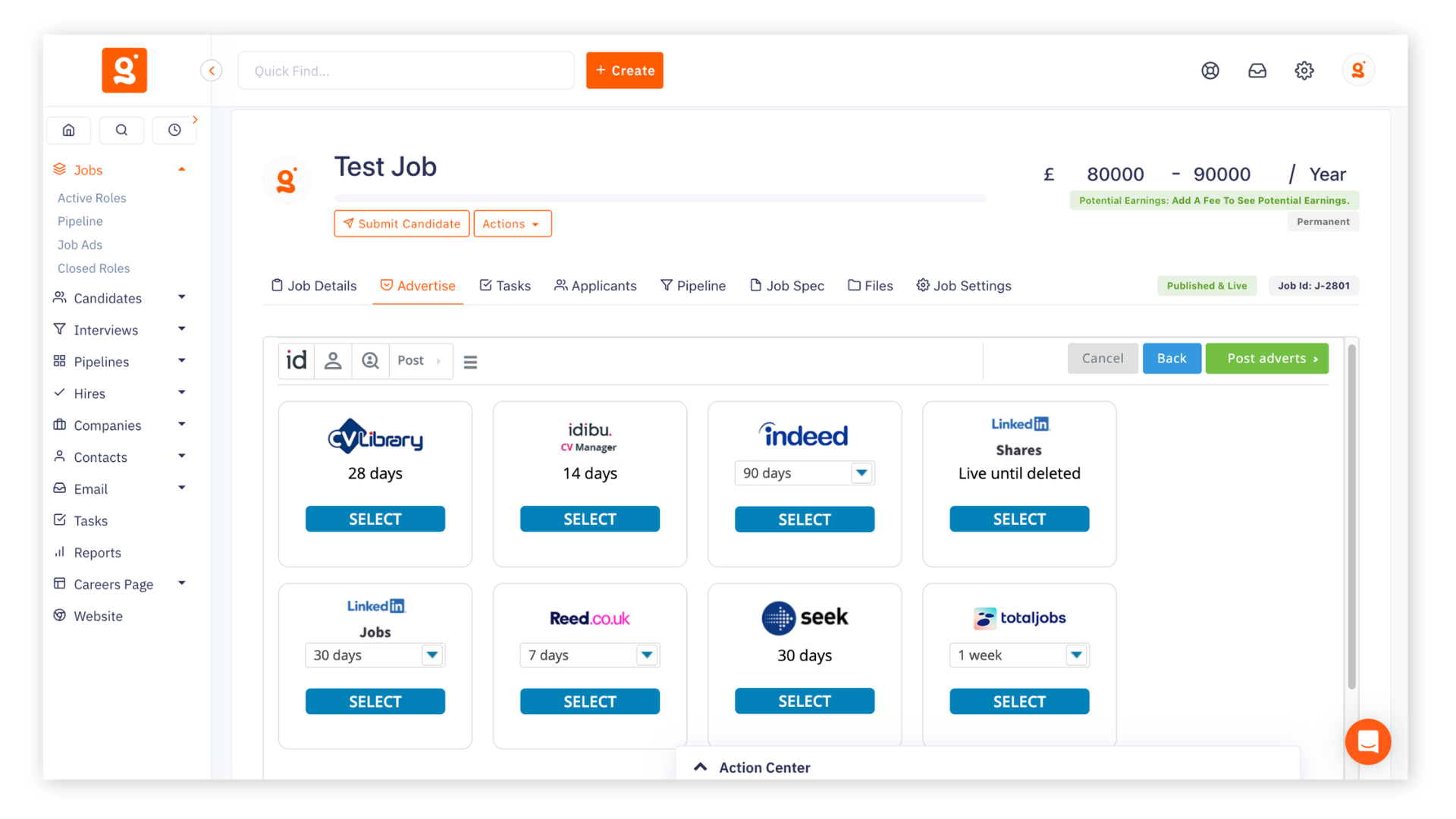The Giig ATS dashboard showing the idibu job distribution integration, allowing recruitment agencies to push vacancies to multiple job boards in one click without the data overload of multiple logins.