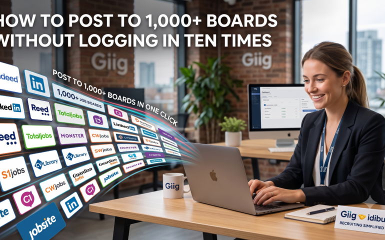 A recruiter smiling at a laptop with a stream of job board logos like Indeed and LinkedIn flowing from the screen, illustrating how to post to multiple job boards using the Giig and idibu integration.