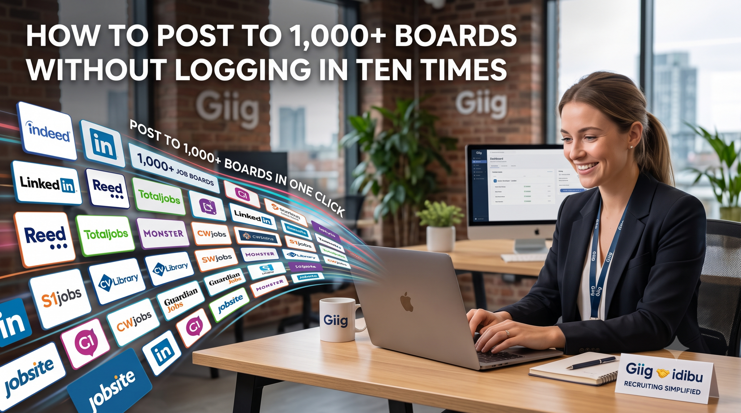 A recruiter smiling at a laptop with a stream of job board logos like Indeed and LinkedIn flowing from the screen, illustrating how to post to multiple job boards using the Giig and idibu integration.
