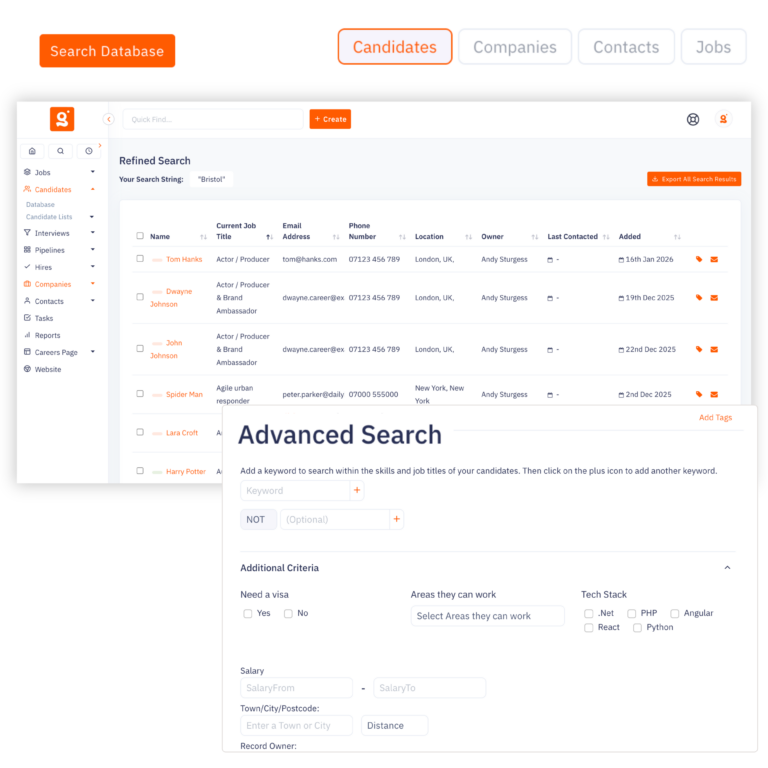 The Advanced Search screen in Giig showing a recruiter filtering candidates by custom field data, including Need A Visa, Areas They Can Work, and Tech Stack checkboxes, layered on top of a refined candidate search results list.