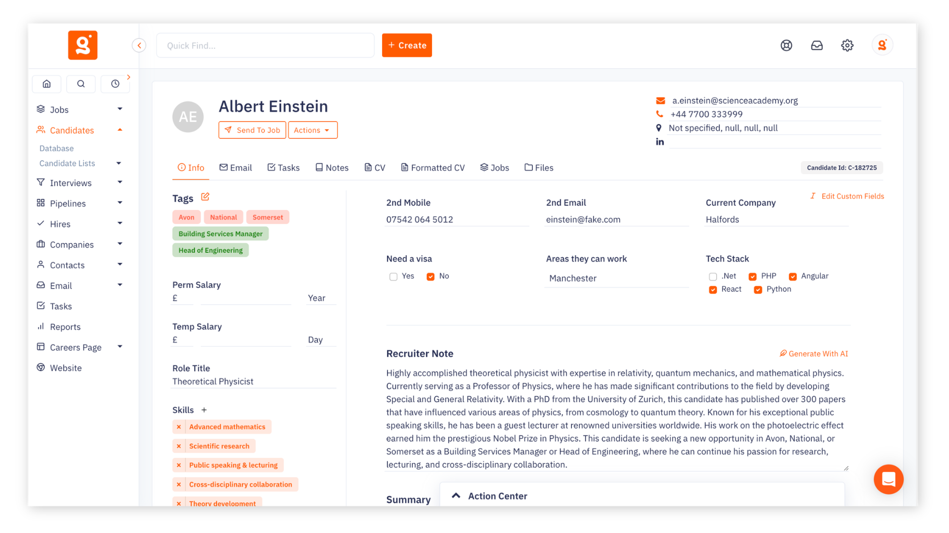 A candidate record in Giig showing custom fields in action, including a visa requirement checkbox, working locations, and a tech stack multi-select, alongside standard tags and salary details.