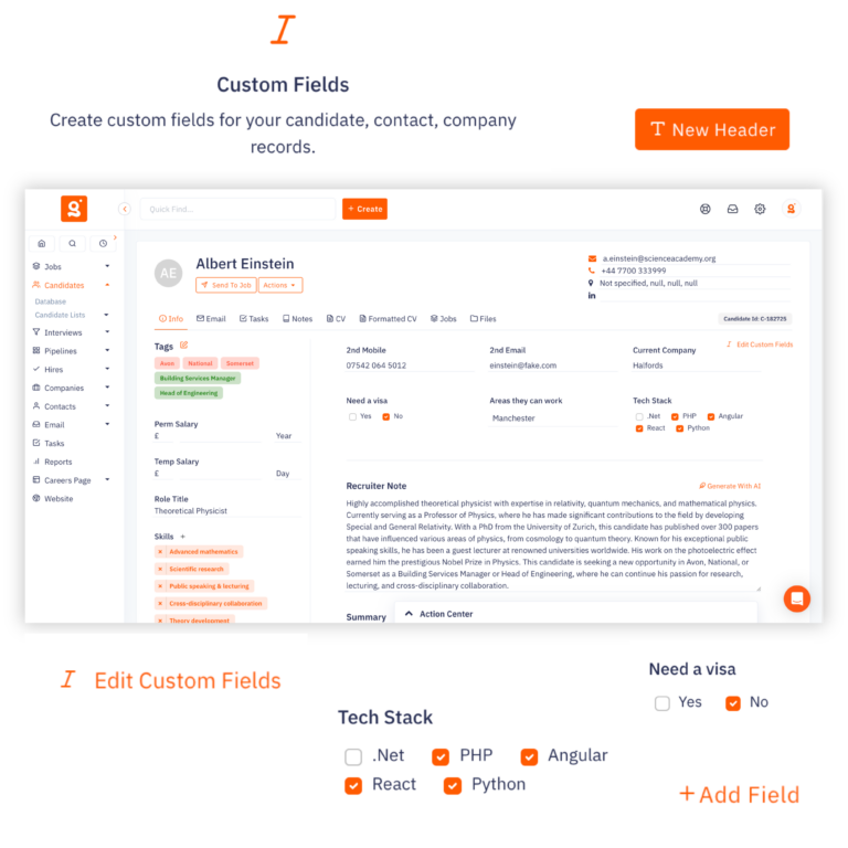 Frequently asked questions about Giig's custom fields feature, shown alongside a candidate record with custom data like visa status and tech stack, helping Giig Plus users understand field limits and setup.