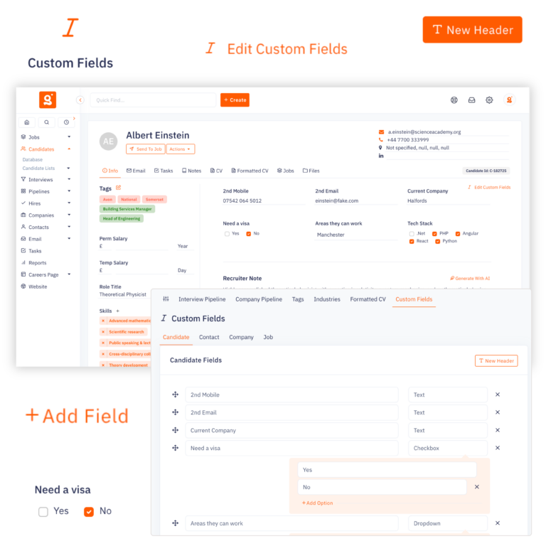 The Custom Fields builder in Giig's Customisation Settings, showing a recruiter configuring field types like Text, Checkbox, and Dropdown for fields including Need A Visa and Areas They Can Work, alongside the live candidate record those fields populate.