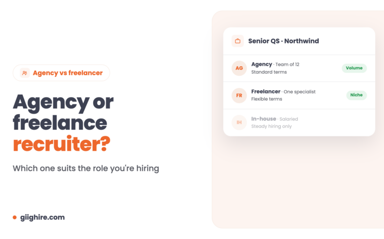 Agency vs freelance recruiter header comparing an agency, a freelancer and in-house