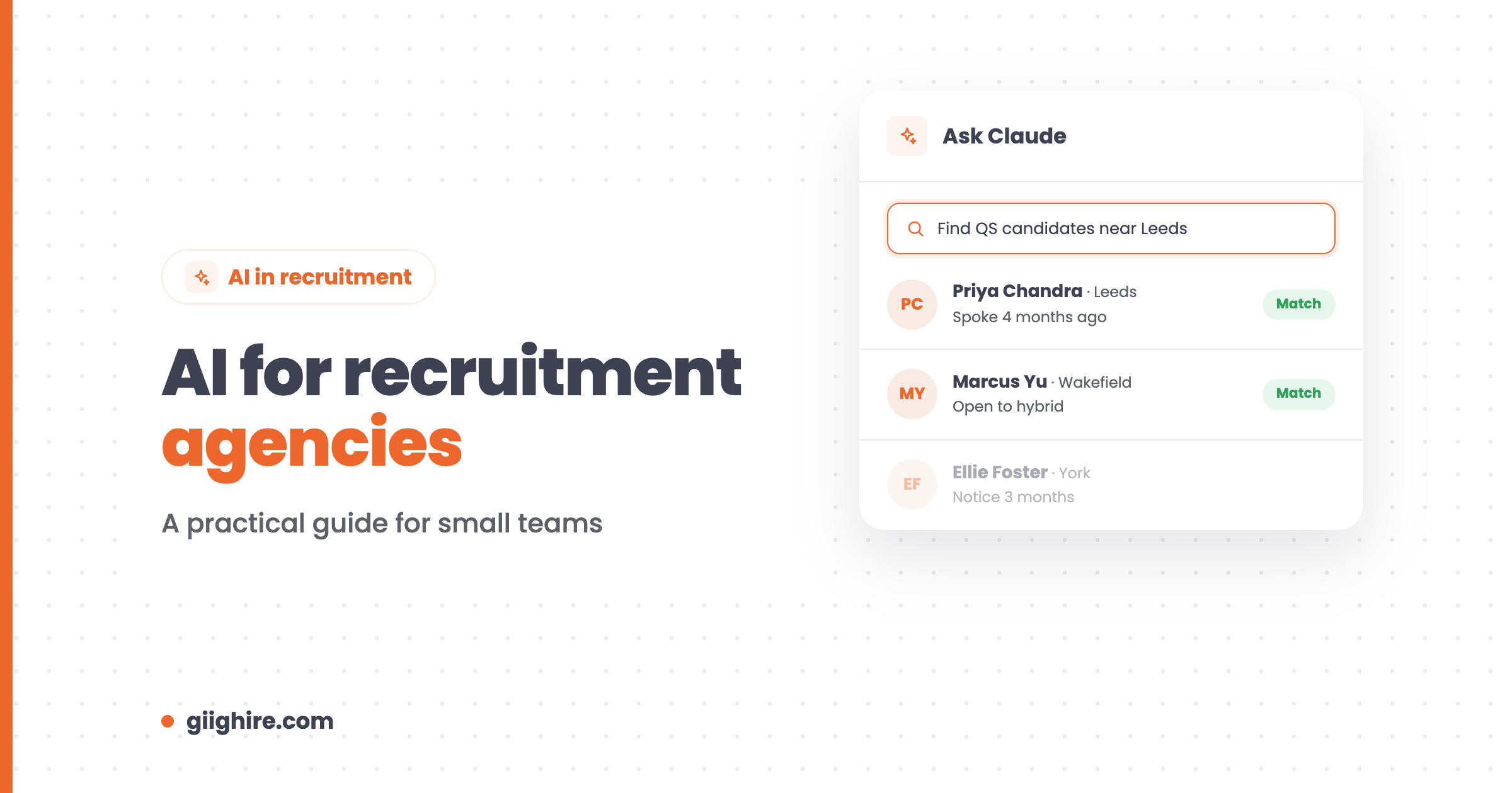 AI for recruitment agencies header showing Claude searching a recruitment CRM