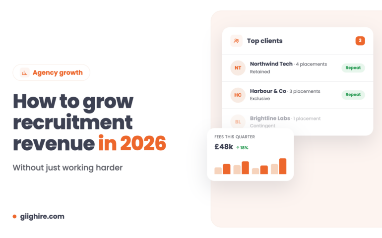 How to grow recruitment revenue in 2026, with a top clients card and a fees chart